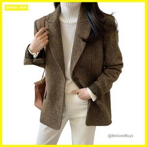 Wool Blend Blazer Jacket Long Sleeve Mid Thigh Length Work Business Casual